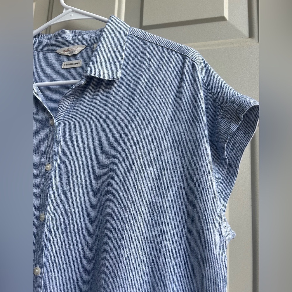 Weatherproof Vintage Washable Linen Striped Button Tie Hem Top Size S Lagenlook - Picture 6 of 8